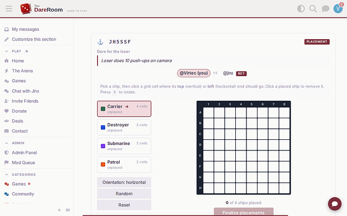 Ship placement screen
