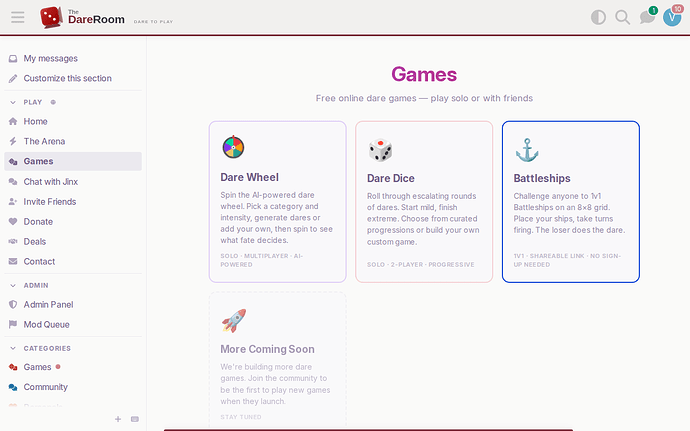 Games Hub showing the Battleships card