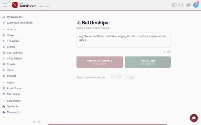 The Battleships create page
