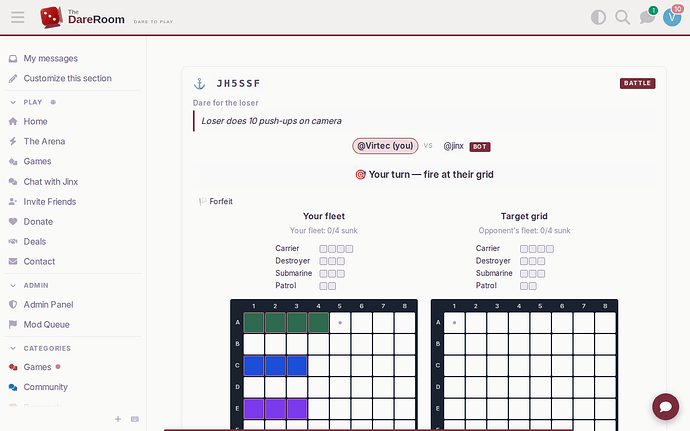 Battle screen with two grids